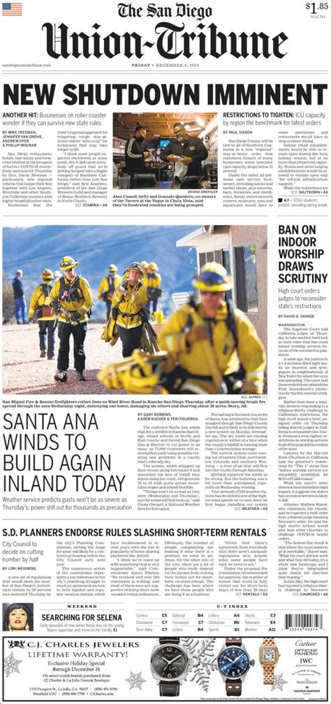 San diego union tribune newspaper - San Diego Union Tribune - Wed, 03/20/24. San Diego Union Tribune - Sat, 03/16/24. Close. A1 / 10 ... 